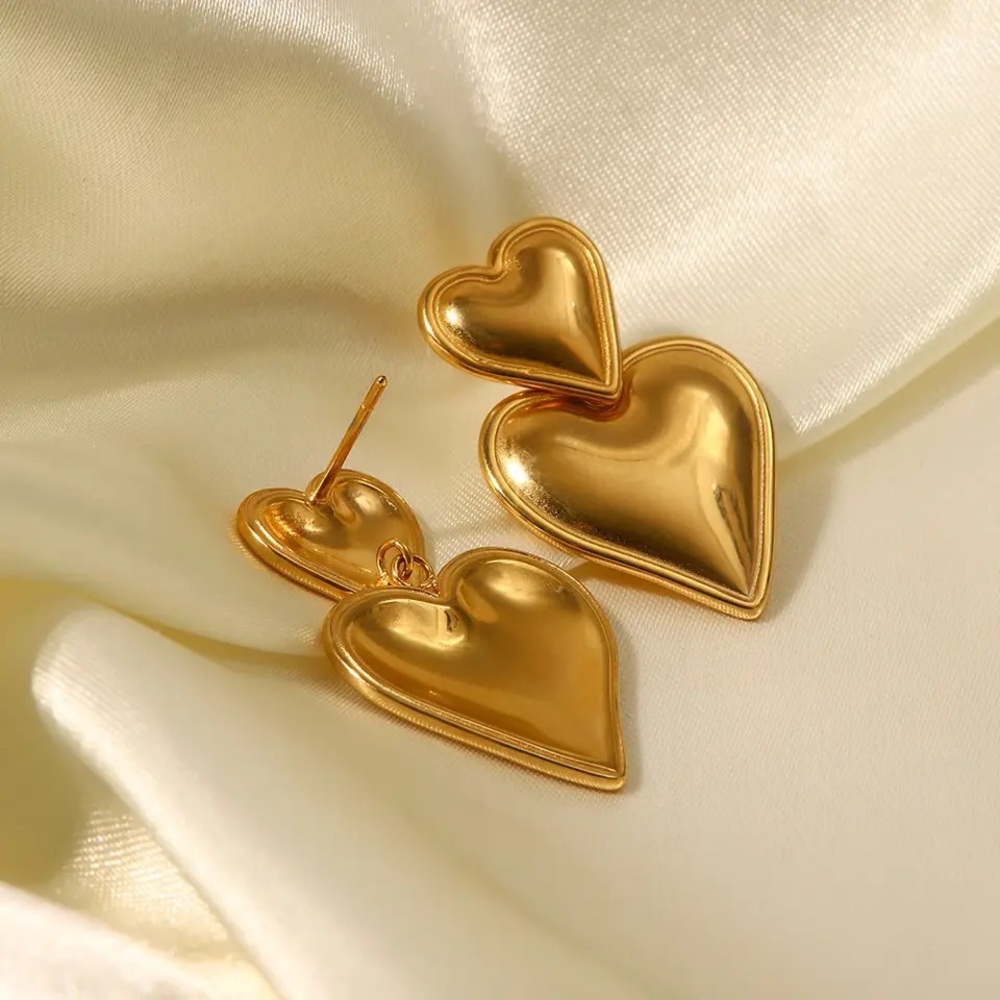◾️18k Gold Plated Double Heart Pendant Drop Earrings